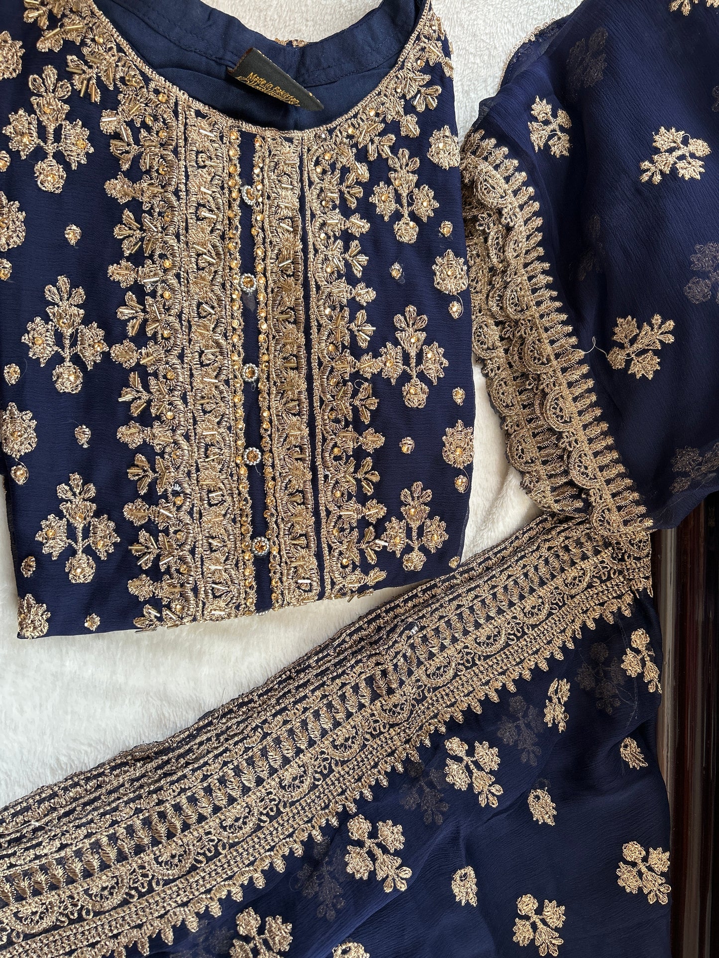 chiffon navy embrioded gharara set