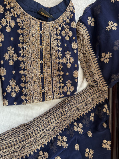 chiffon navy embrioded gharara set
