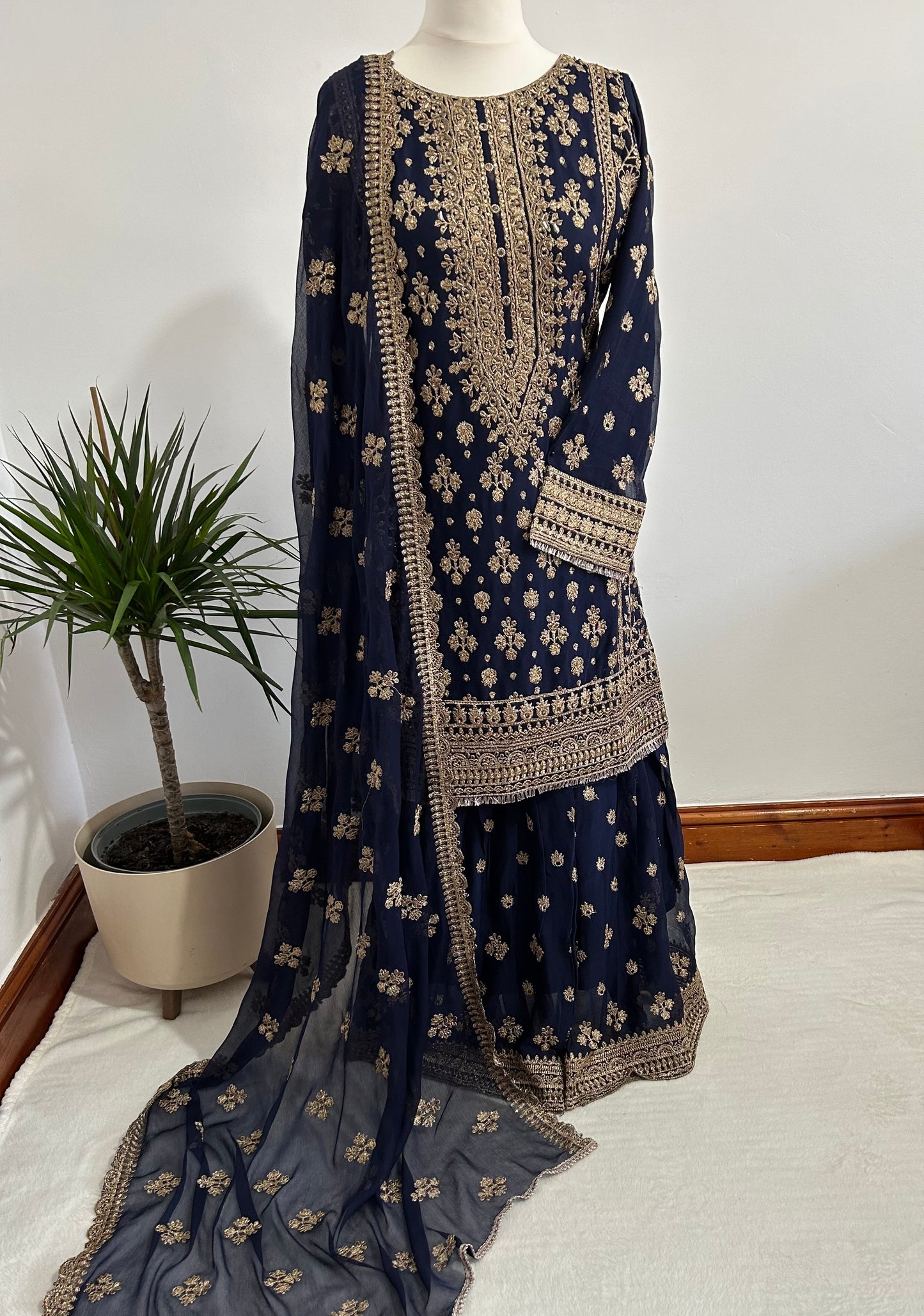 chiffon navy embrioded gharara set