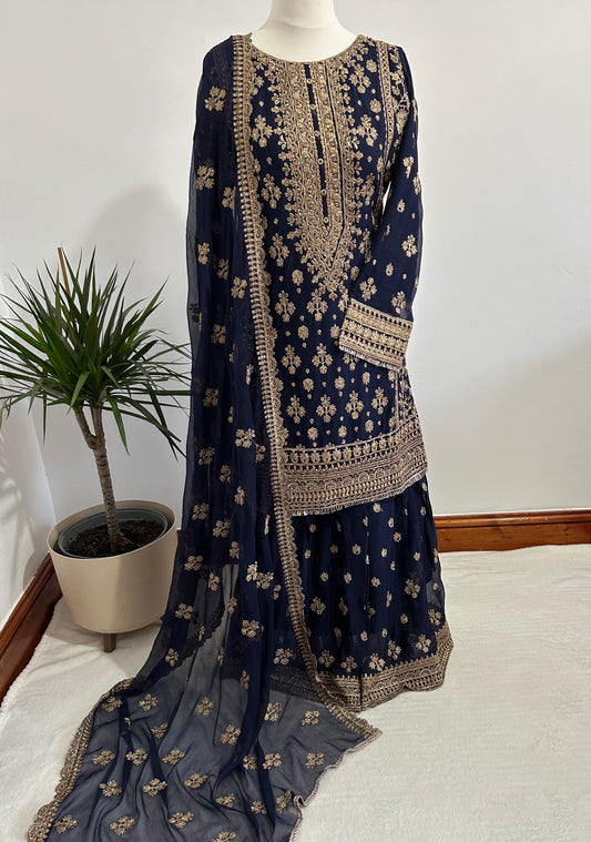 chiffon navy embrioded gharara set