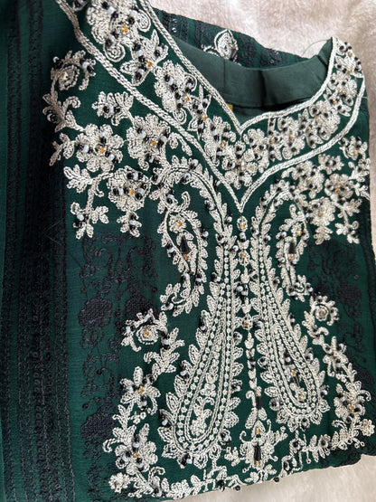 Green chiffon embrioded gharara set