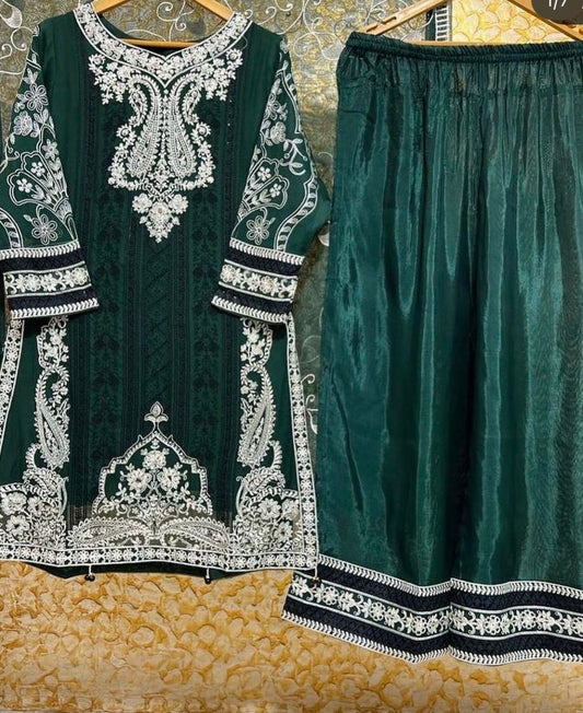 Green chiffon embrioded gharara set