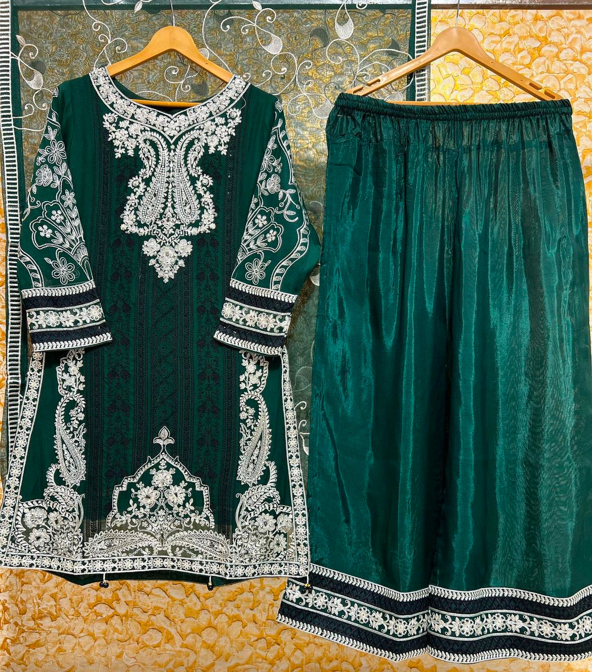 Green chiffon embrioded gharara set
