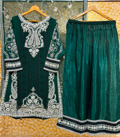 Green chiffon embrioded gharara set