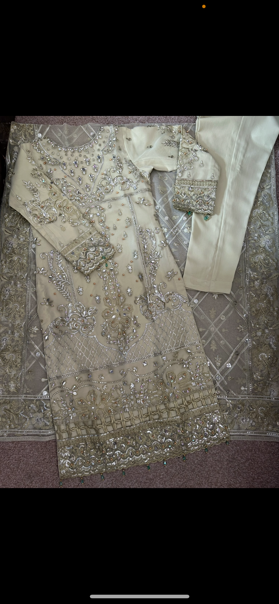 sage green organza embrioded kameez