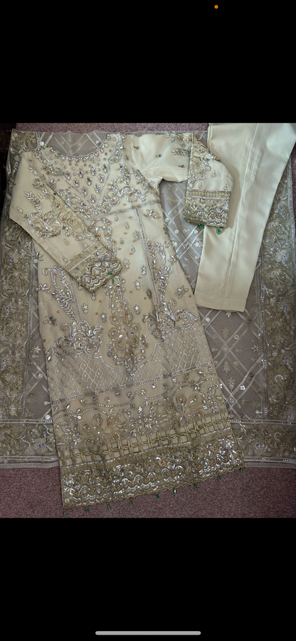 sage green organza embrioded kameez