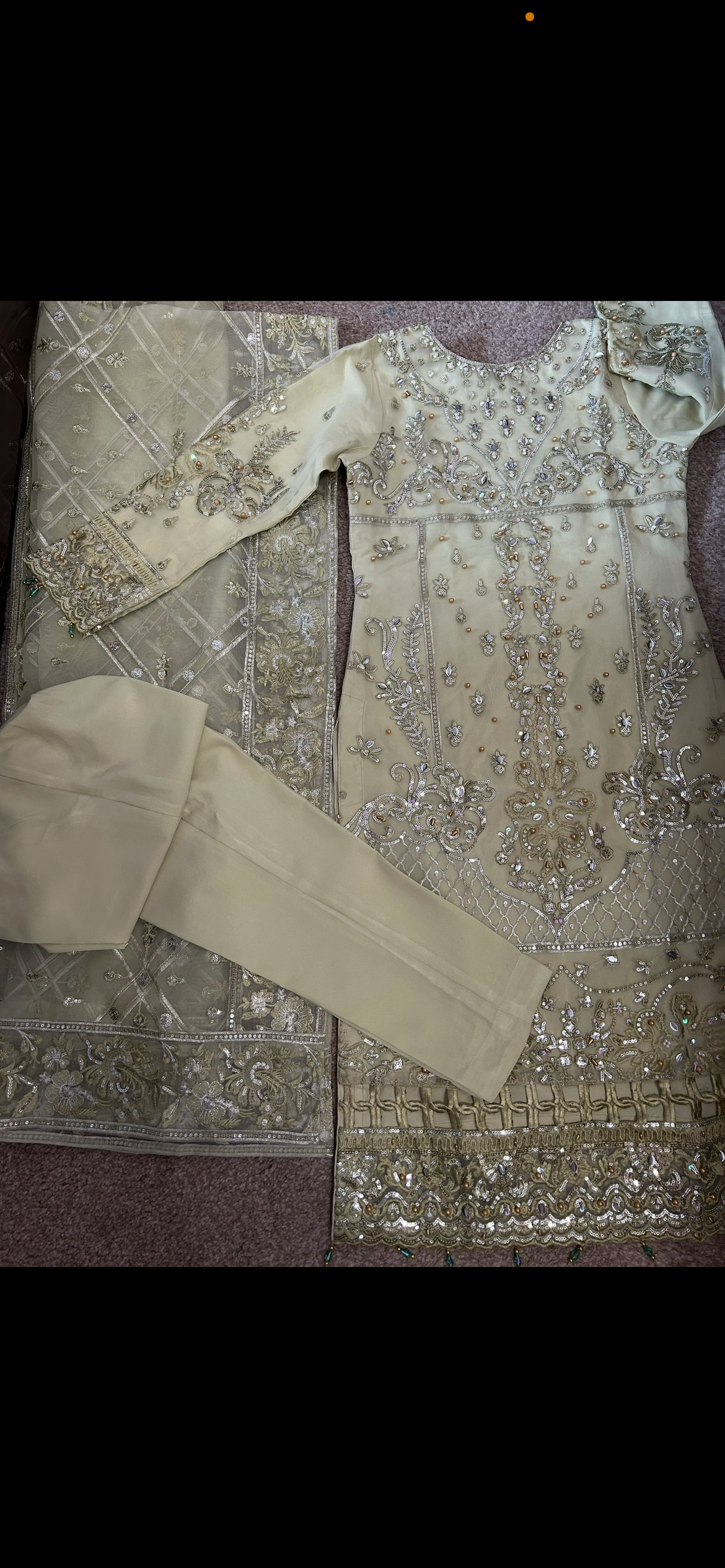 sage green organza embrioded kameez