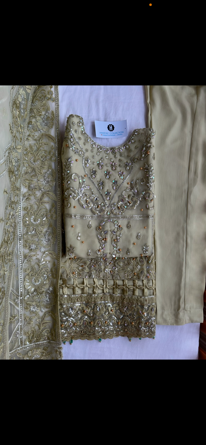 sage green organza embrioded kameez