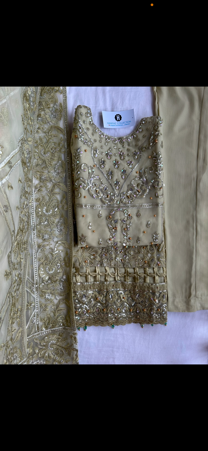 sage green organza embrioded kameez
