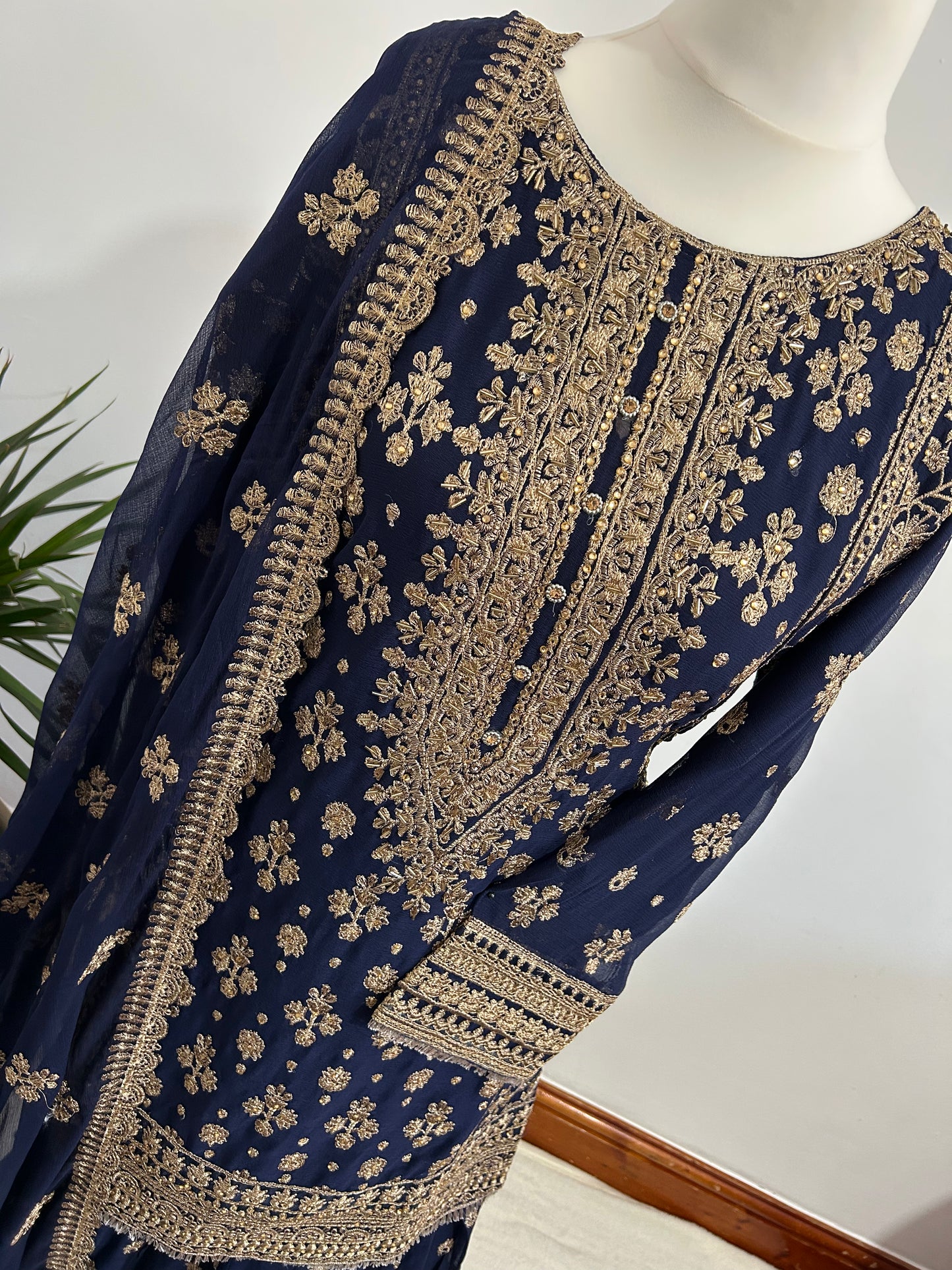 chiffon navy embrioded gharara set