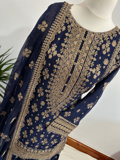 chiffon navy embrioded gharara set