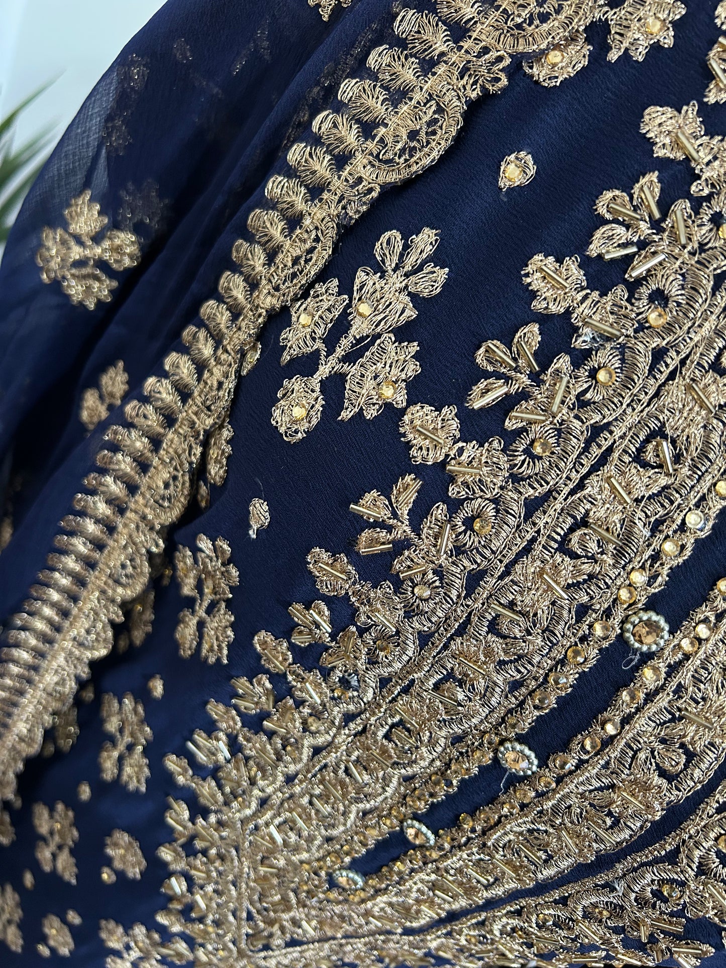 chiffon navy embrioded gharara set