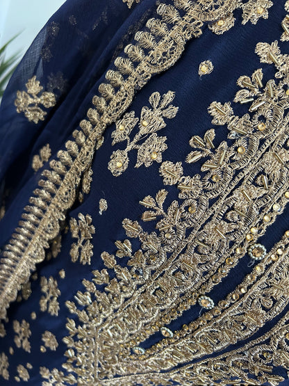 chiffon navy embrioded gharara set