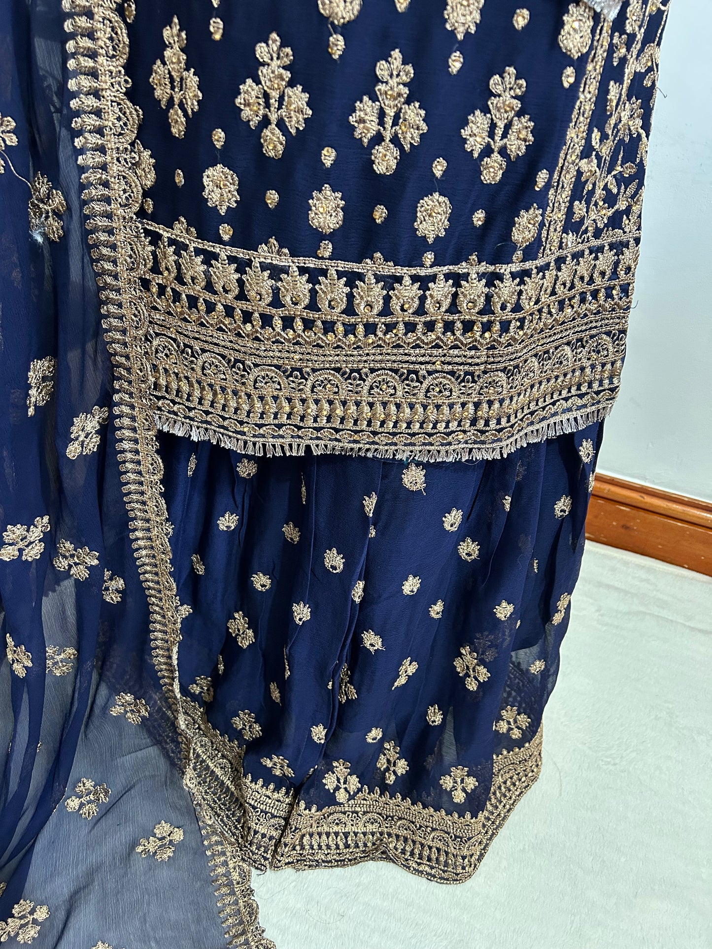 chiffon navy embrioded gharara set