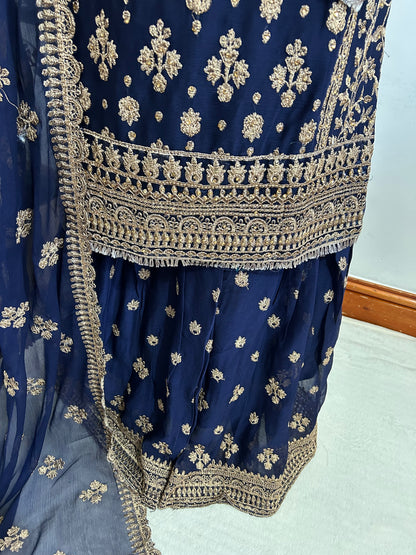 chiffon navy embrioded gharara set