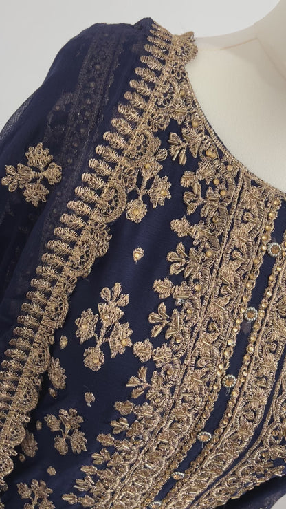 chiffon navy embrioded gharara set